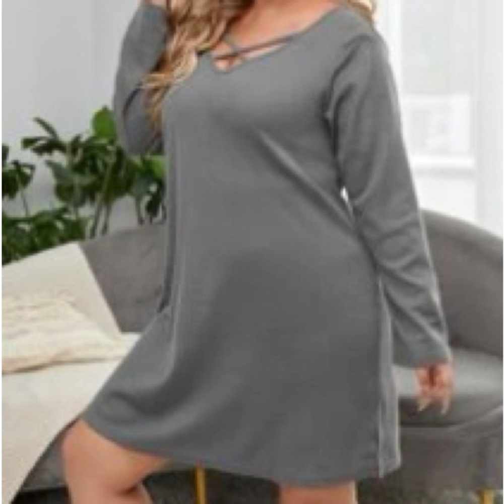 grey dress with criss cross designs